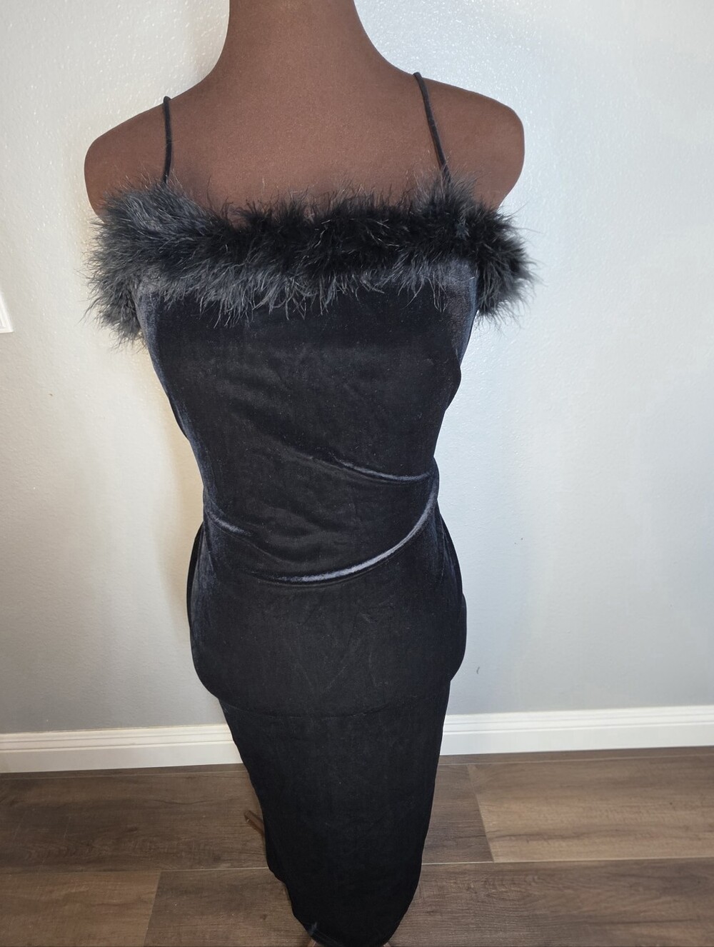 Vintage Roberta Black Velvet Feather Trim Maxi Gown Small Train 90s Goth Glam L